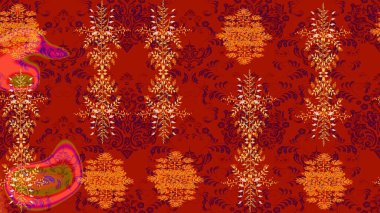 Kar tanelerinin soyut arkaplanlı Noel şablonu. Raster illüstrasyonu. Kırmızı, turuncu ve mor renkler. Noel ve Yeni Yıl moda baskıları için tatil tasarımı.