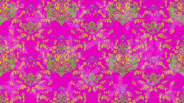 Renkli süs kenarı. Çizim kalıbı. Hint süsü. Çiçek duvar kağıdı. Raster illüstrasyonu. Mor, yeşil ve pembe renkler.