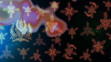 Kar taneleri radyal siyah, mavi ve kahverengi renkler. Renkli arka planda güzel kar taneleri. Raster illüstrasyonu..