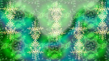 Yeşil, nötr ve mavi renkli kar taneleri. Noel stili. Raster illüstrasyonu.