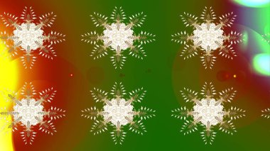 Raster illüstrasyonu. Yüzey için tekrarlanan doku, ambalaj kağıdı, altın renkler. Kış kar tanesi, raster arka plan. Renkli arka planda izole edilmiş güzel kar taneleri.