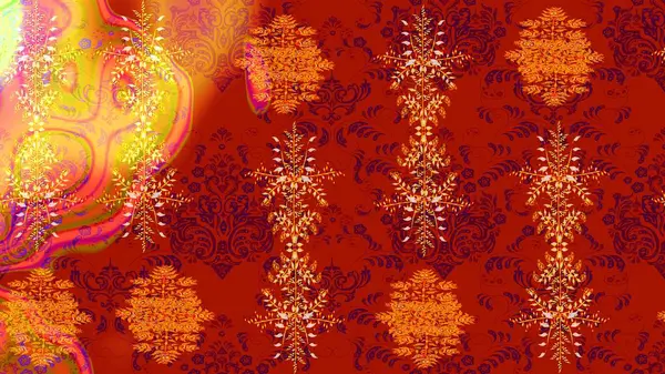 stock image Raster Floral Illustration in cute textile. Elegance sketch pattern with ethnic flowers on red, orange and yellow colors.