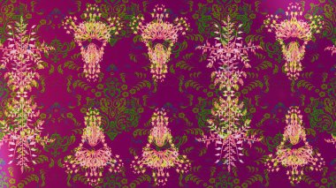 Yaprak ve çiçeklerin suluboya resmi, mor, yeşil ve pembe renklerin çizim şekli. Yumuşak, bahar çiçekleri mor, yeşil ve pembe renklerde. Raster illüstrasyonu.