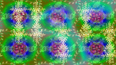 Düz kar karalama ikonları, kar taneleri silueti yeşil, mavi ve nötr renkler noel afişi için, kartlar. Güzel soyut kar taneleri raster tasarımı. Yeni yıl kar tanesi.