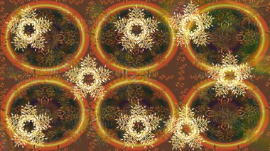 Raster illüstrasyonu. Renkli arka planda izole tatlı kar taneleri. Kahverengi, turuncu ve sarı kar taneleriyle.