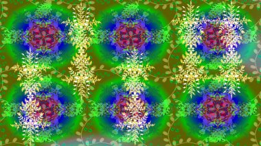 Noel ve yeni yıl moda baskıları için tatil tasarımı. Yeşil, mavi ve sarı renkler. Raster illüstrasyonu. Kar tanelerinin soyut arkaplanlı Noel deseni.