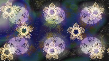 Sanat terapisi tarzı zen çizim için gri, mor ve nötr mandala şekilli kar taneleri. El çizimi, dövme stili, kumaş tasarımı ve Raster illüstrasyonunda kartlar..