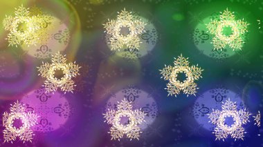 Kış kar tanesi, raster arka plan. Renkli arka planda izole kar taneleri. Yüzey için tekrarlanan doku, ambalaj kağıdı, yeşil, mor ve mavi renkler. Raster illüstrasyonu.