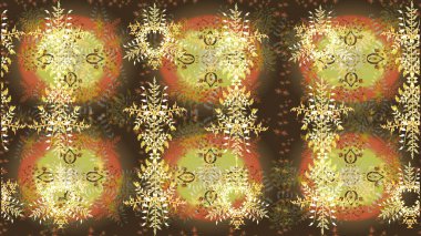 Raster illüstrasyonu. Sembol kışı, donmuş, Noel, yeni yıl tatili. Kahverengi, nötr ve sarı siluet kar tanesi işareti. Düz dizayn. Kar Tanesi Mozaik ikonu. Grafiksel element dekorasyonu.