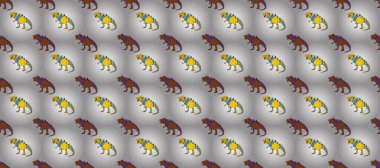 Saurischian dinozorları. Dinozorlarla birlikte geometrik kusursuz desen. Ambalaj veya giysi için renkli kertenkele benzeri dinozorlar.