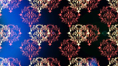 Barok tarzında duvar kağıdı tasarımı için kusursuz damaske deseni arkaplanı. Altın desenli siyah, mavi ve pembe renklerde altın elementler. Süslü raster dekorasyonu.