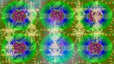 Raster illüstrasyonu. Kar tanesi rengarenk desen. Kar taneleri deseni. Soyut kar taneleri arkaplanda izole edilmiş düz dizayn. Raster kar taneleri arkaplanı.