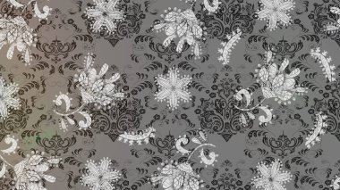 Gri, bej ve kahverengi kıvırcık çiçekler gri, bej ve kahverengi renklerde şekillenir. Raster illüstrasyonu. Klasik çiçek tasarım elementleri.