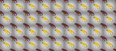 Saurischian dinozorları. Dinozorlarla birlikte geometrik kusursuz desen. Ambalaj veya giysi için renkli kertenkele benzeri dinozorlar.