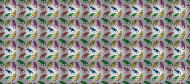 Dinozorlarla birlikte geometrik kusursuz desen. Renkli kertenkele benzeri dinozorlar paketleme ya da giydirme için. Saurischian dinozorları.