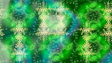 Noel ve yeni yıl moda baskıları için tatil tasarımı. Raster illüstrasyonu. Kar tanelerinin soyut arkaplanlı Noel şablonu. Yeşil, nötr ve mavi renkler.