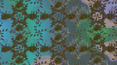 Çiçekler mavi, yeşil ve gri üzerine. Kusursuz bir arka plan modeli. Suluboya, elle çizilmiş. Raster stoku.