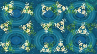 Soyut duvar kâğıdı, ambalaj dekorasyonu. Mavi, yeşil ve bej renkli tatlı kar taneleri. Basit bir kar tanesi. Kışın sembolü, mutlu noeller, mutlu yeni yıl kutlaması Raster illüstrasyonu..