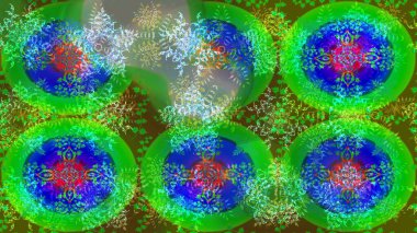 Raster illüstrasyonu. Bokeh yeşili, mavi ve nötr ve kar taneleriyle dekoratif Noel arkaplanı.