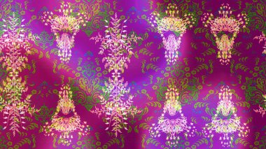 Gömlek, arka plan modelini çiz. Tropik çiçekler. Mor, yeşil ve mor renkte çiçekler.