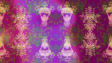 Şirin çiçekli eskiz deseni ve mor, mor ve yeşil renkli yapraklar, suluboya çiçek deseni, duvar kağıdı, kart veya kumaş için fayanslı. Raster illüstrasyonu.