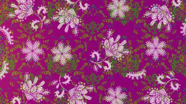 Raster illüstrasyonundaki çiçek desenli çizim. Mor, yeşil ve nötr renkte çiçekler.