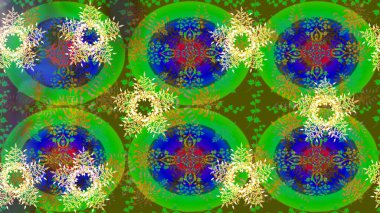 Farklı kar taneleri toplayıcısı, yeşil, mavi ve kahverengi renklerde kış elementleri. Raster Noel soyut renkli arkaplan ve tatlı kar tanesi.