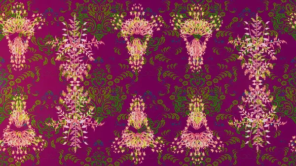 Renkli Bahar Teması eskiz kalıbı. Raster Modaya uygun kumaş deseni. Mor, yeşil ve pembe renkli şirin çiçek desenleri. Düz Çiçek Elementleri Tasarımı.