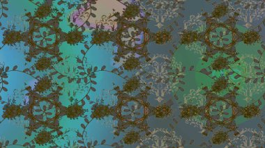 Karalama çiçekleri kusursuz desen. Sanat ilham verici, mavi ve gri renkli çiçekler ve yapraklar. Yeşil, mavi ve gri el çizimi desen. Raster deseni.