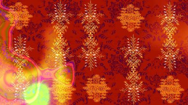 Kırmızı, turuncu ve sarı renkte çiçekler. Raster illüstrasyonu. Asya tekstil tarzında. Raster illüstrasyonu. Çiçek desenini çiz.