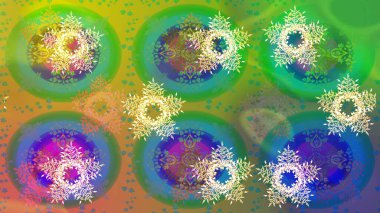 Kar taneleri arka planda. Raster illüstrasyonu. Arkaplanda soyut kar taneleri olan düz tasarım. Kar tanesi süsleme deseni. Kar taneleri deseni.