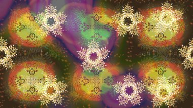 Kahverengi, yeşil ve mor kar taneleri. Kar tanelerinin soyut arkaplanlı Noel şablonu. Noel ve yeni yıl moda baskıları için tatil tasarımı. Raster illüstrasyonu. Renkler.