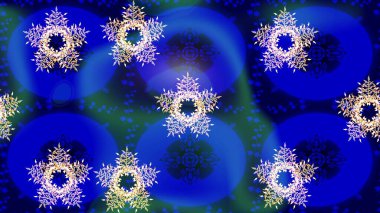 Soyut duvar kâğıdı, ambalaj dekorasyonu. Kışın sembolü, mutlu noeller, mutlu yeni yıl kutlaması Raster illüstrasyonu. Mavi, nötr ve yeşil renklerde şirin kar taneleri. Kar tanesi kadar basit..