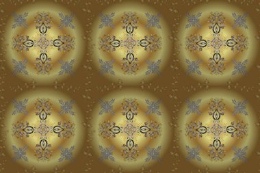 Sarı, gri ve nötr renklerde altın antika ortaçağ süslemeleri, yaprakları ve altın desenli süslemeleri olan dikişsiz bir şablon. Kusursuz kraliyet lüksü, altın barok kumaş rengi..