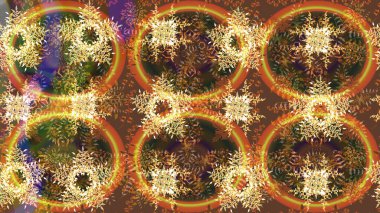 Noel ve yeni yıl moda baskıları için tatil tasarımı. Sarı, turuncu ve kahverengi kar taneleri. Kar tanelerinin soyut arkaplanlı Noel şablonu. Raster illüstrasyonu.