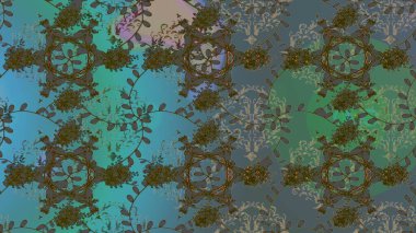 Küçük çiçekteki sevimli çiçek deseni. Raster deseni. Yumuşak, yaz çiçekleri yeşil, mavi ve gri renklerde. Raster illüstrasyonu.