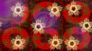 Yeni yıl kar tanesi. Kırmızı, kahverengi ve mor renkler üzerine şirin soyut kar tanesi raster tasarımı. Düz kar karalama ikonları, kar taneleri silueti Noel afişi için, kartlar.