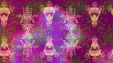 Raster illüstrasyonu. Mor, yeşil ve menekşe rengi kar tanecikleri. Grafiksel element dekorasyonu. Kar Tanesi Mozaik ikonu. Düz dizayn. Sembol kışı, donmuş, Noel, yeni yıl tatili.