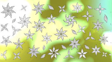 Renkli Bahar Temalı Kusursuz Arkaplan. Düz Çiçek Elementleri Tasarımı. Çiçekler bej, yeşil ve beyaz renklerde. Sevimli çiçek raster deseni.