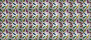 Geometric seamless pattern with dinosaurs. Colored lizard-like dinosaurs for packaging or clothing. Saurischian dinosaurs. clipart