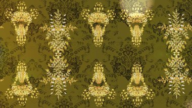 Raster illüstrasyonu. Kar tanelerinin soyut arkaplanlı Noel şablonu. Kahverengi, sarı ve yeşil kar taneleri. Noel ve Yeni Yıl moda baskıları için tatil tasarımı.