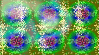 Noel ve yeni yıl moda baskıları için tatil tasarımı. Kar tanelerinin soyut arkaplanlı Noel şablonu. Yeşil, mavi ve nötr kar taneleri. Raster illüstrasyonu.