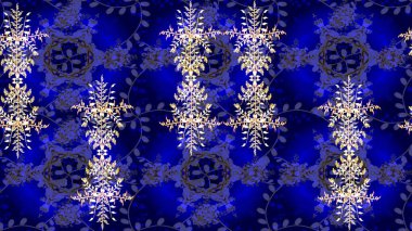 Raster Noel soyut renkli arka plan ve tatlı kar tanesi. Raster illüstrasyonu. Mavi, menekşe ve siyah kar taneleriyle.