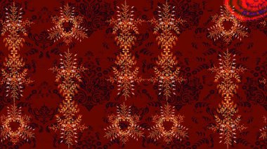 Yuvarlak raster kar tanesi. Renkli arka planda izole tatlı kar taneleri. Soyut kış kırmızı, siyah ve kahverengi süslemeleri. Güzel kar tanesi. Raster illüstrasyonu.