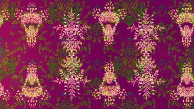 Mor, yeşil ve pembe renkte çiçeklerle çizilmiş çiçek deseni. Mor, yeşil ve pembe renkli çiçekler suluboya stilinde.