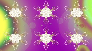 Raster illüstrasyonu. Kış kar tanesi, raster arka plan. Yüzey için tekrarlanan doku, ambalaj kağıdı, altın renkler. Renkli arka planda izole edilmiş güzel kar taneleri.