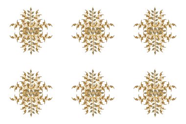 Kar tanelerinin soyut arkaplanlı Noel şablonu. Noel ve yeni yıl moda baskıları için tatil tasarımı. Altın renkler.