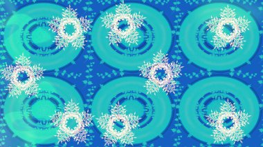 Yüzey için tekrarlanan doku, ambalaj kağıdı, mavi üzerine kar tanesi, nötr ve yeşil renkler. Kış kar taneleri, raster arka plan.