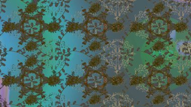 Tişörtsüz arka plan deseni. Tropik çiçekler. Mavi, yeşil ve gri renkte çiçekler.