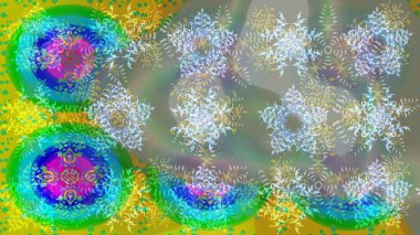 Raster illüstrasyonu. Noel ve yeni yıl moda baskıları için tatil tasarımı. Tarafsız, yeşil ve gri renkler. Kar tanelerinin soyut arkaplanlı Noel deseni.